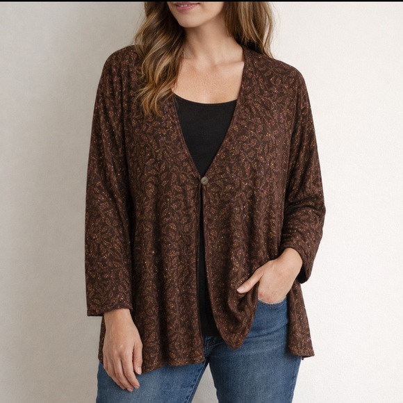 Lane Bryant Sweaters - Lane Bryant Brown Metallic Leaf Print Cardigan 22/24 Plus Size Sparkle Knit